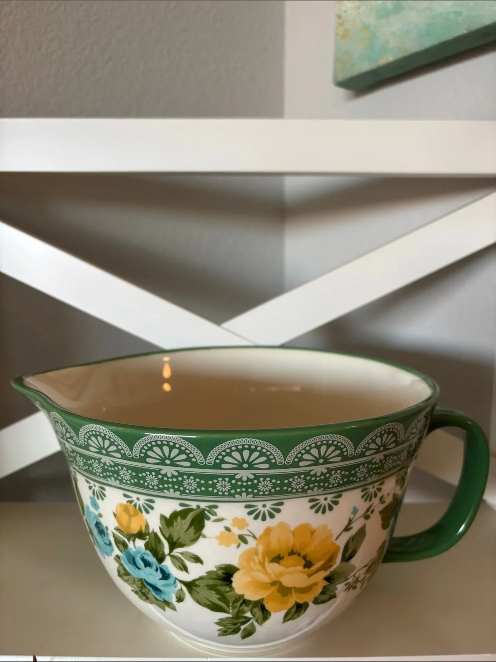 Pioneer Woman Green Floral Ceramic Batter Bowl Pitcher Yellow Teal Rose Shadow